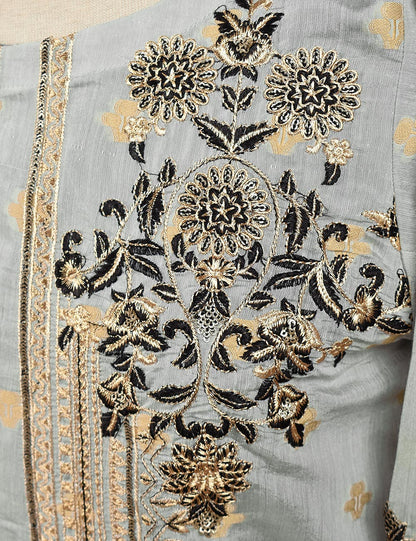 Jacquard Paper Cotton with Embroidered Net Dupatta &amp; Malai Silk Trouser - Autumn Love (RTW-10-Grey)