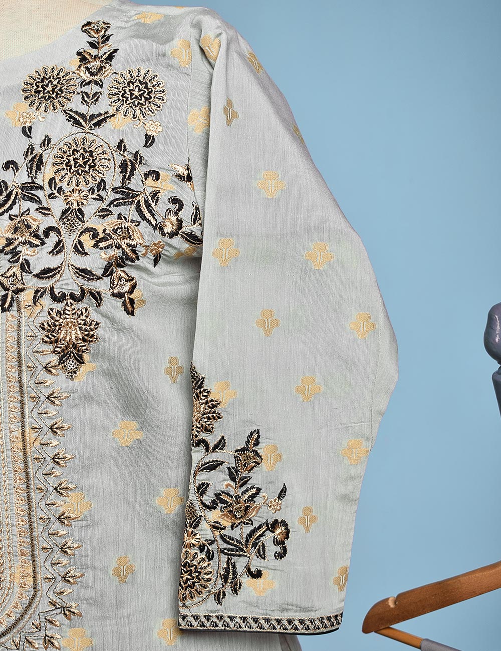 Jacquard Paper Cotton with Embroidered Net Dupatta &amp; Malai Silk Trouser - Autumn Love (RTW-10-Grey)