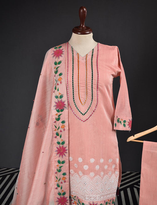 3 Pc Stitched Paper Cotton Chikankari Embroidered Dress with Beautiful Printed Borders - Charismatic Vibes (RTW-17-PeachyPink)