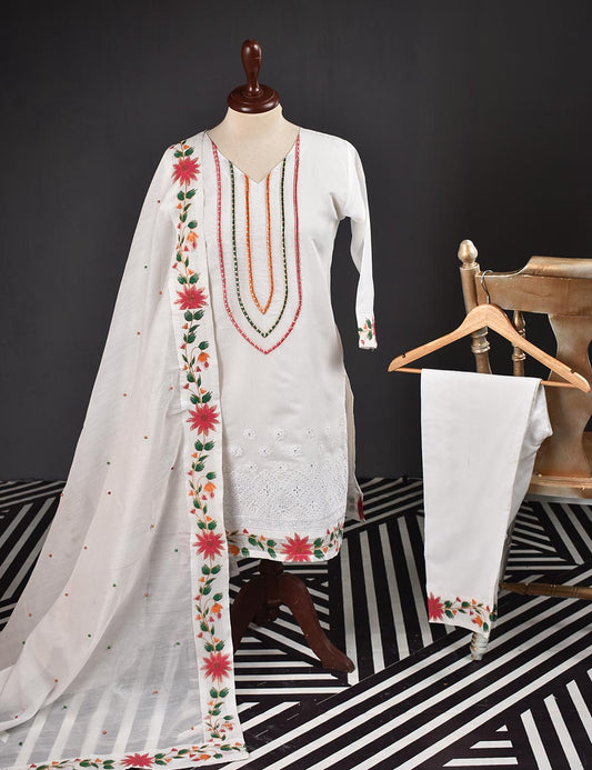 3 Pc Stitched Paper Cotton Chikankari Embroidered Dress with Beautiful Printed Borders - Charismatic Vibes (RTW-7-White)