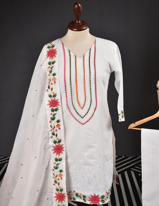 3 Pc Stitched Paper Cotton Chikankari Embroidered Dress with Beautiful Printed Borders - Charismatic Vibes (RTW-7-White)