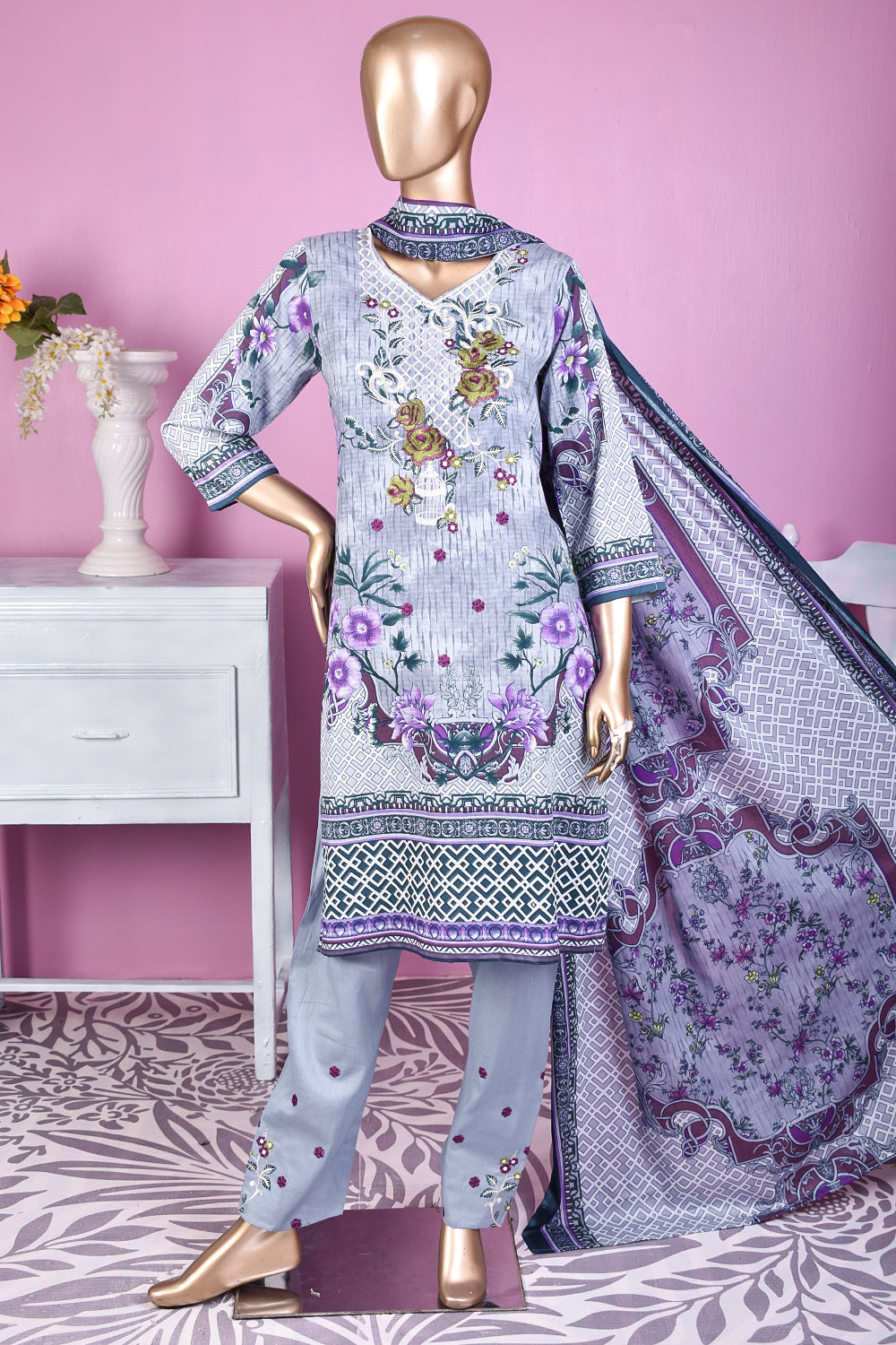 3 Pc Unstitched Embroidered Lawn Dress with Lawn Printed Dupatta & Embroidered Cotton Trouser - Daisy (ZLE-5A)