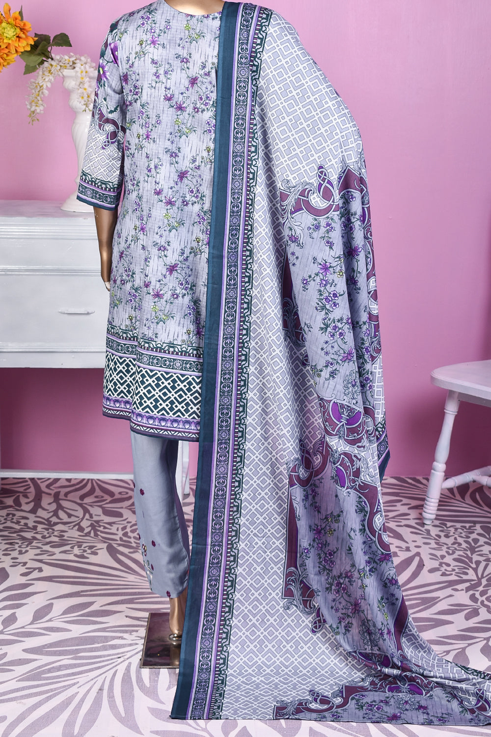 3 Pc Unstitched Embroidered Lawn Dress with Lawn Printed Dupatta & Embroidered Cotton Trouser - Daisy (ZLE-5A)