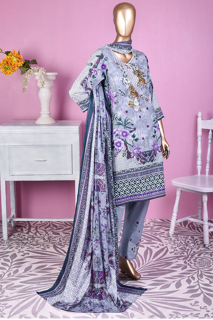 3 Pc Unstitched Embroidered Lawn Dress with Lawn Printed Dupatta & Embroidered Cotton Trouser - Daisy (ZLE-5A)