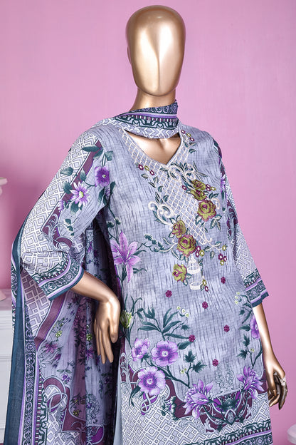 3 Pc Unstitched Embroidered Lawn Dress with Lawn Printed Dupatta & Embroidered Cotton Trouser - Daisy (ZLE-5A)