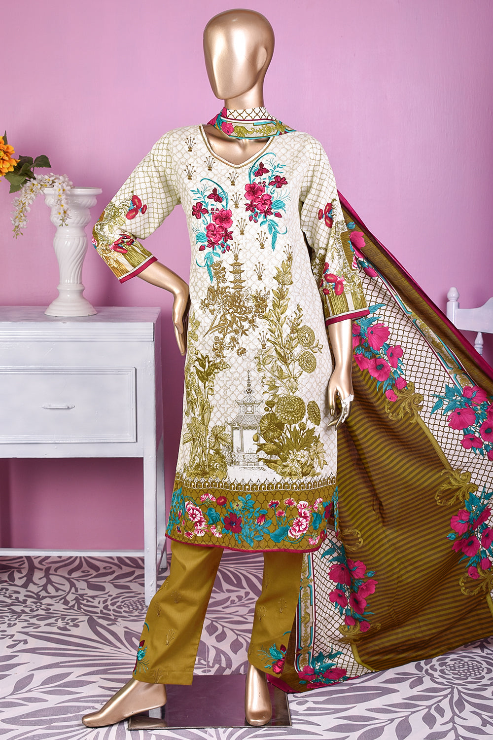 3 Pc Unstitched Embroidered Lawn Dress with Lawn Printed Dupatta & Embroidered Cotton Trouser - Dark Storm (ZLE-4A)