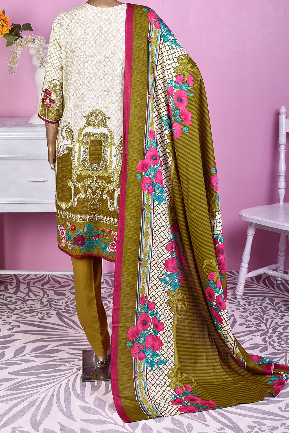 3 Pc Unstitched Embroidered Lawn Dress with Lawn Printed Dupatta & Embroidered Cotton Trouser - Dark Storm (ZLE-4A)