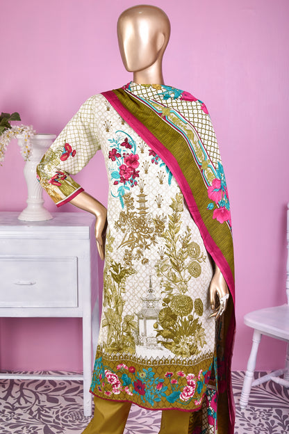 3 Pc Unstitched Embroidered Lawn Dress with Lawn Printed Dupatta & Embroidered Cotton Trouser - Dark Storm (ZLE-4A)