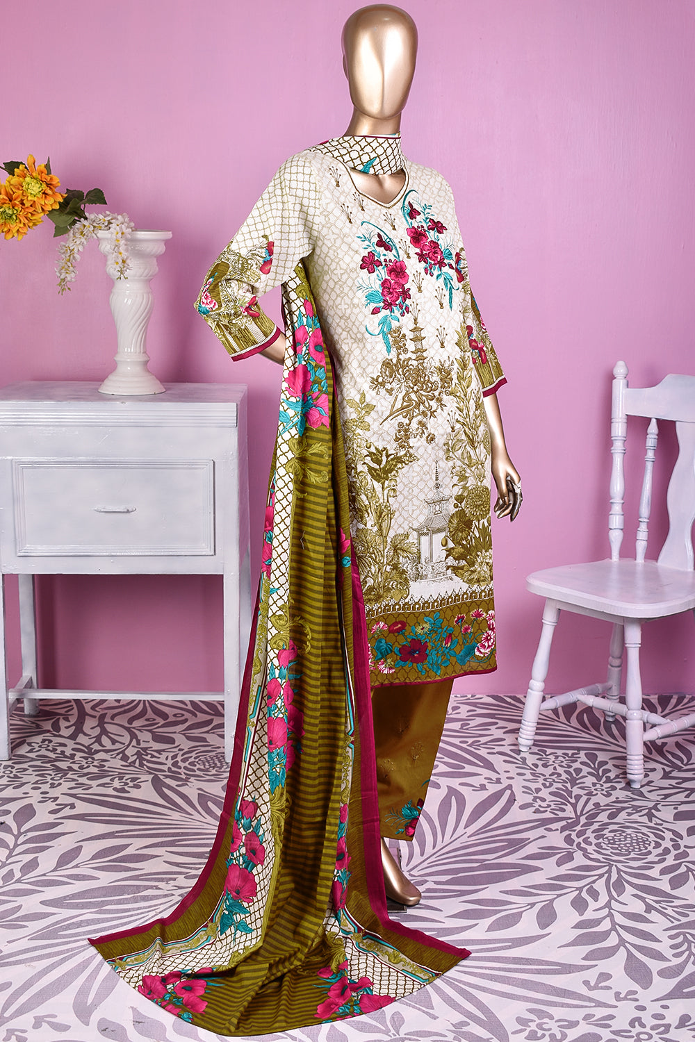 3 Pc Unstitched Embroidered Lawn Dress with Lawn Printed Dupatta & Embroidered Cotton Trouser - Dark Storm (ZLE-4A)