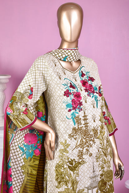 3 Pc Unstitched Embroidered Lawn Dress with Lawn Printed Dupatta & Embroidered Cotton Trouser - Dark Storm (ZLE-4A)