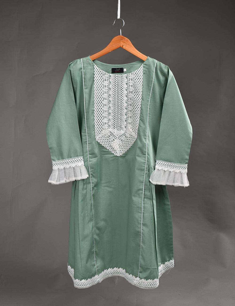 Cotton Stitched Kurti with Chikankari Neck Daman - Fairy Ice (T20-036A-Greenish)