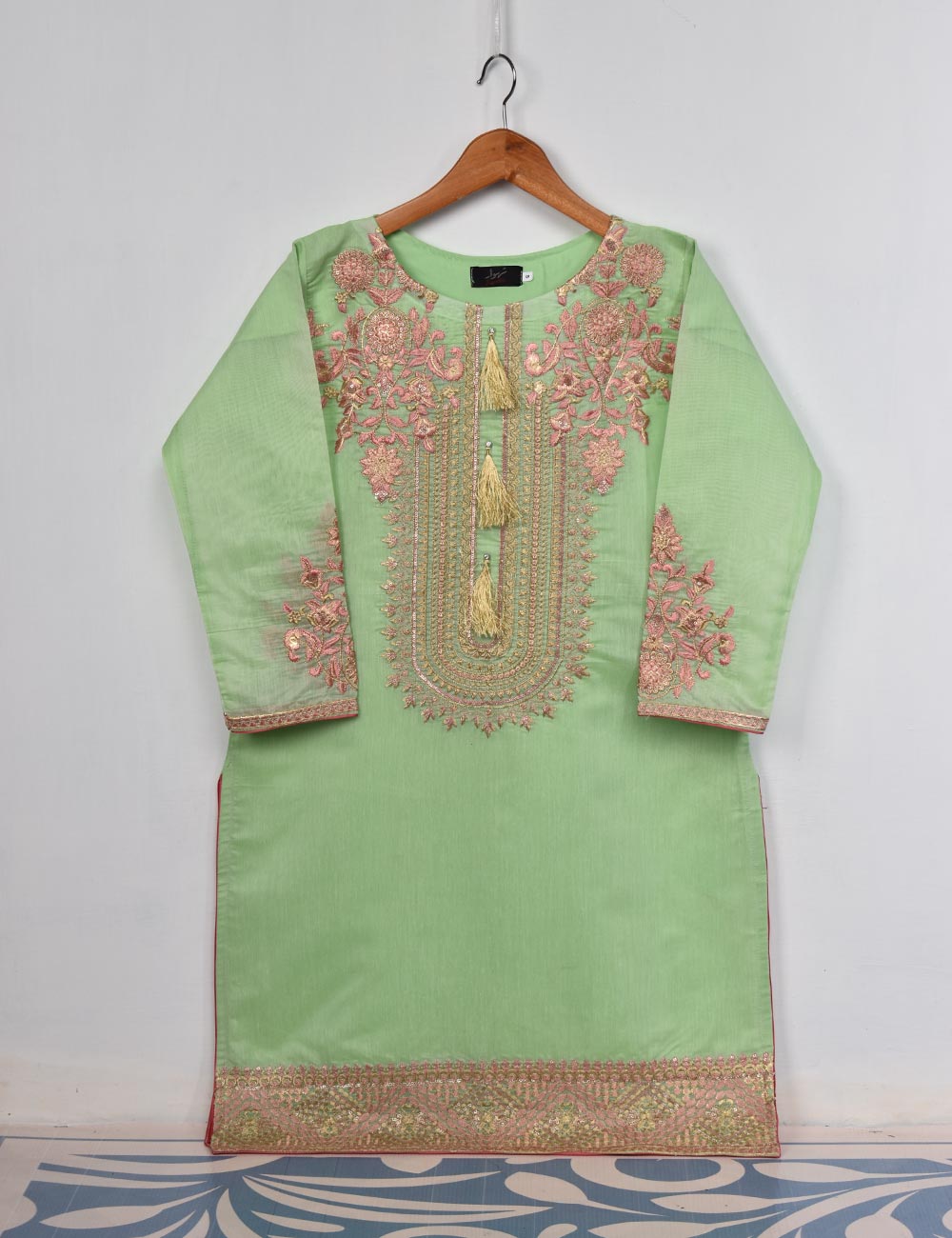 Semi Formal Paper Cotton Fabric Embroidered Stitched Kurti - Equinox (T20-040B-Green)