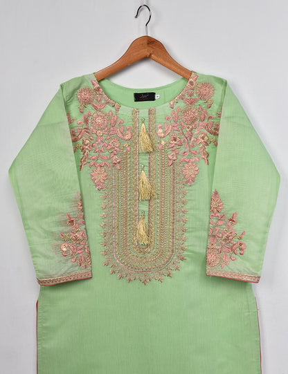 Semi Formal Paper Cotton Fabric Embroidered Stitched Kurti - Equinox (T20-040B-Green)