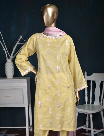 3 Pc Printed and Embroidered Cotton Dress with Embroidered Chiffon Dupatta - Eyebrow (CE-2A-Lemon)