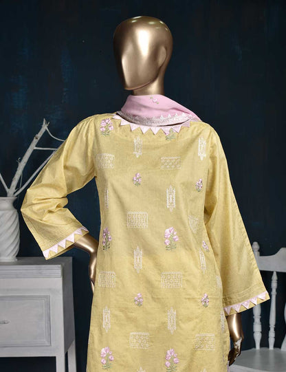 3 Pc Printed and Embroidered Cotton Dress with Embroidered Chiffon Dupatta - Eyebrow (CE-2A-Lemon)