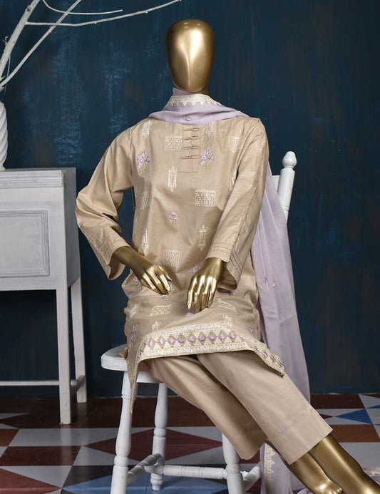 3 Pc Printed and Embroidered Cotton Dress with Embroidered Chiffon Dupatta - Eyebrow (CE-2B-Tan)