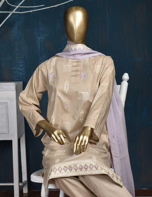 3 Pc Printed and Embroidered Cotton Dress with Embroidered Chiffon Dupatta - Eyebrow (CE-2B-Tan)