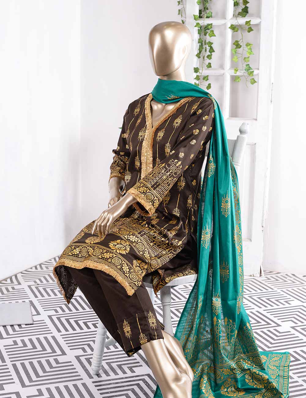 FM-4B - Midnight Shades | 3 Pc Unstitched Gold Printed Lawn Dress