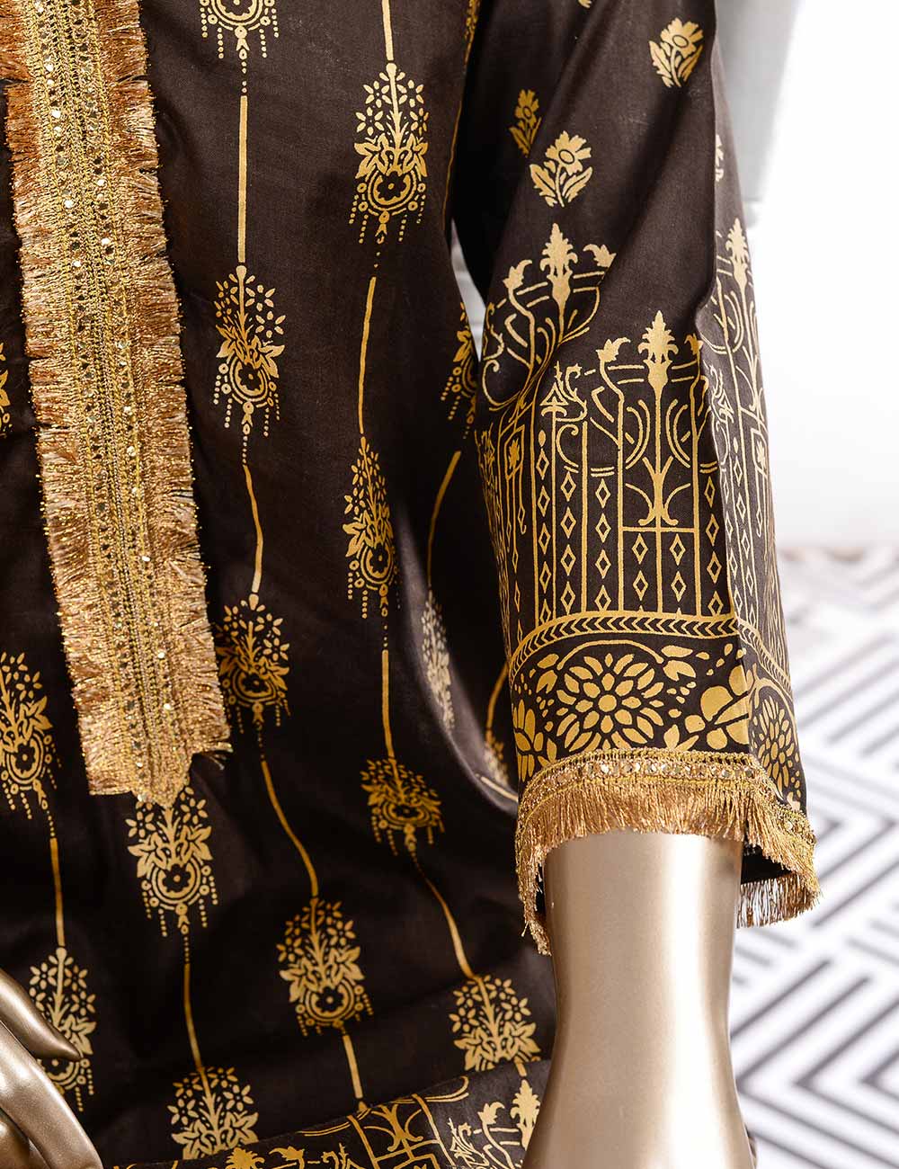 FM-4B - Midnight Shades | 3 Pc Unstitched Gold Printed Lawn Dress