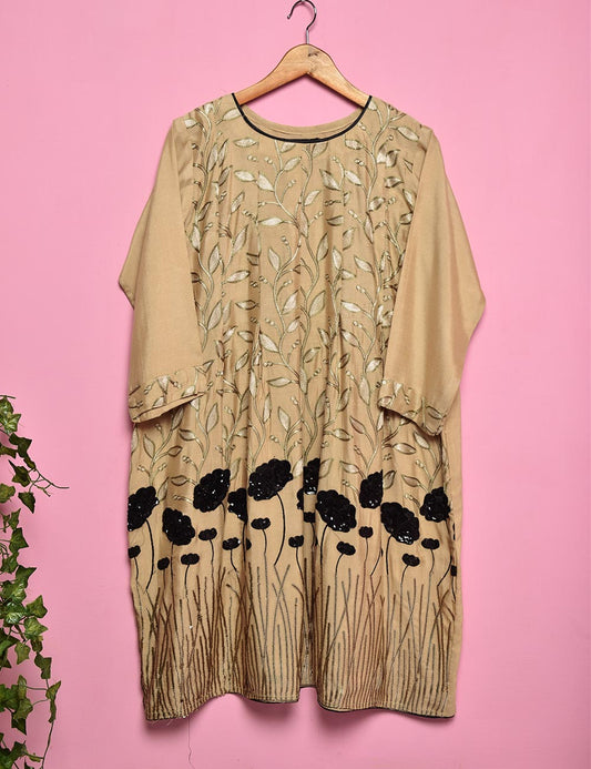 Sequence Embroidered Cotton Net Stitched Kurti- Foliage (T20-053B-SkinBlack)