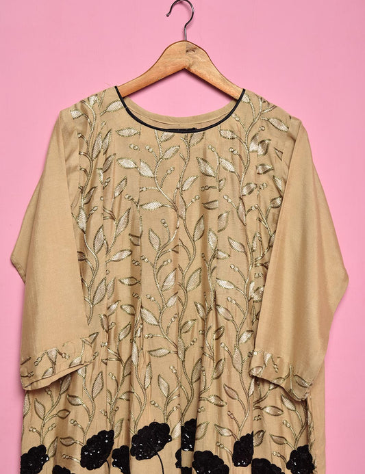 Sequence Embroidered Cotton Net Stitched Kurti- Foliage (T20-053B-SkinBlack)