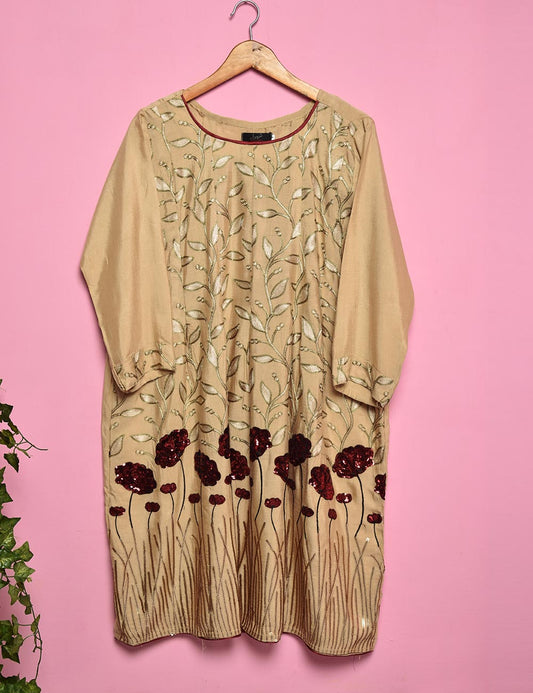 Sequence Embroidered Cotton Net Stitched Kurti- Foliage (T20-053C-SkinRed)