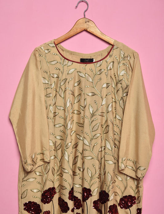 Sequence Embroidered Cotton Net Stitched Kurti- Foliage (T20-053C-SkinRed)