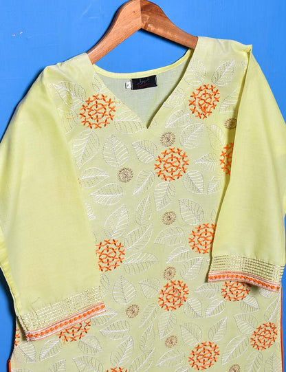 Cotton Embroidered Stitched Kurti - Foliole (TS-033C-Lemon)