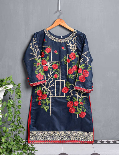 Khaddi Cotton Embroidered Kurti - Folksy bloom (TIE-05-Navy Blue)