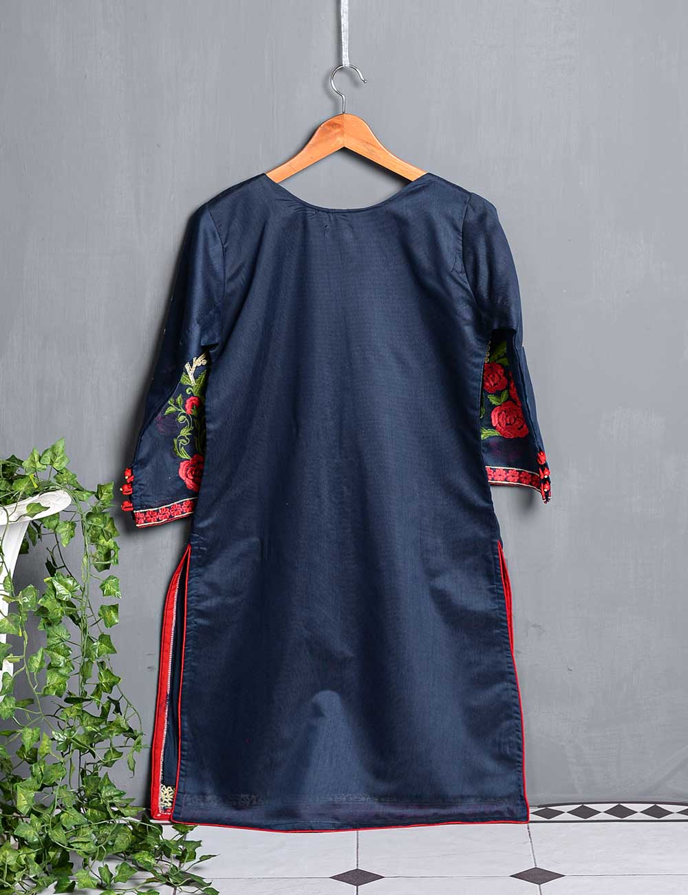 Khaddi Cotton Embroidered Kurti - Folksy bloom (TIE-05-Navy Blue)