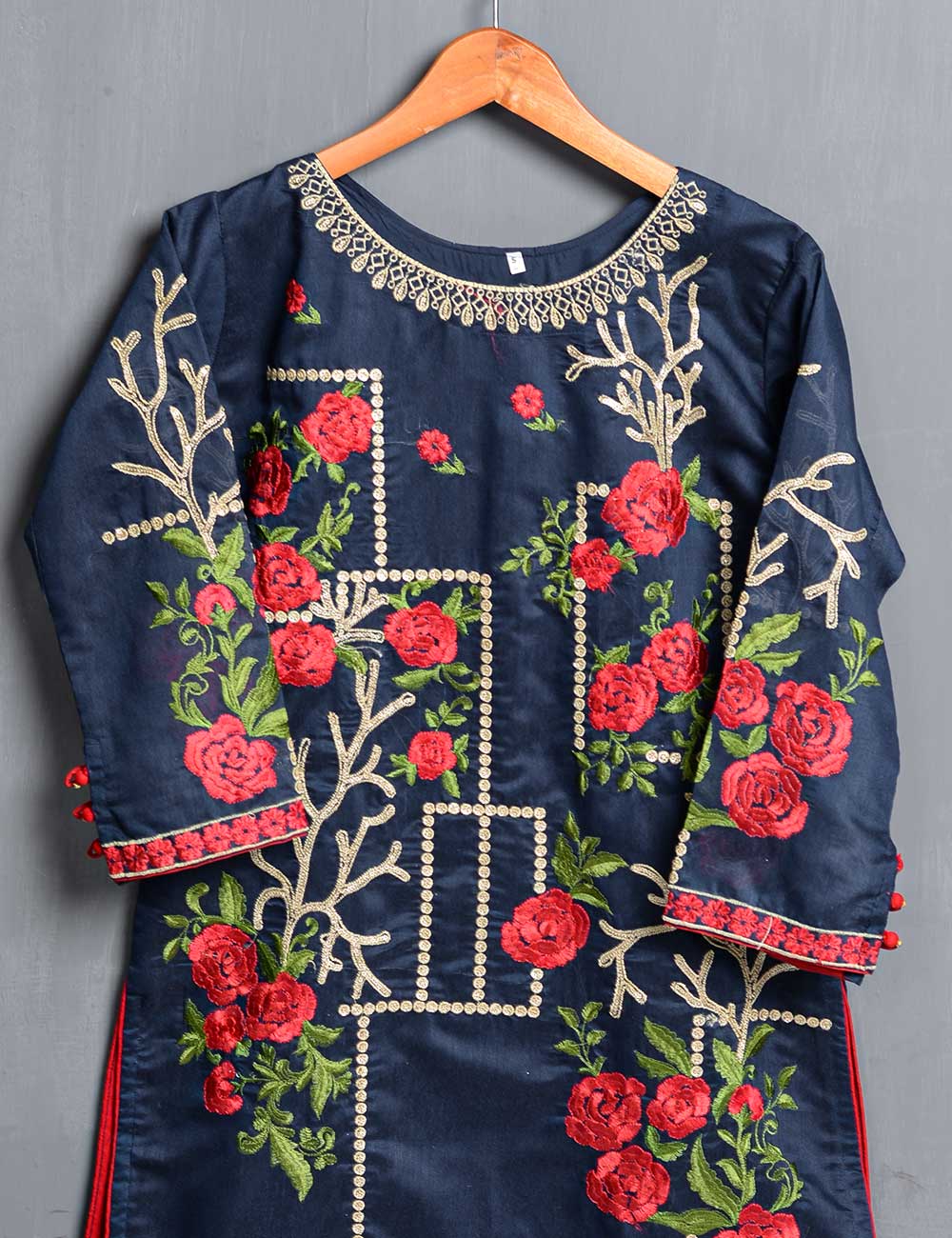 Khaddi Cotton Embroidered Kurti - Folksy bloom (TIE-05-Navy Blue)