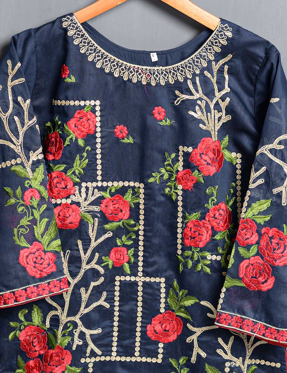 Khaddi Cotton Embroidered Kurti - Folksy bloom (TIE-05-Navy Blue)