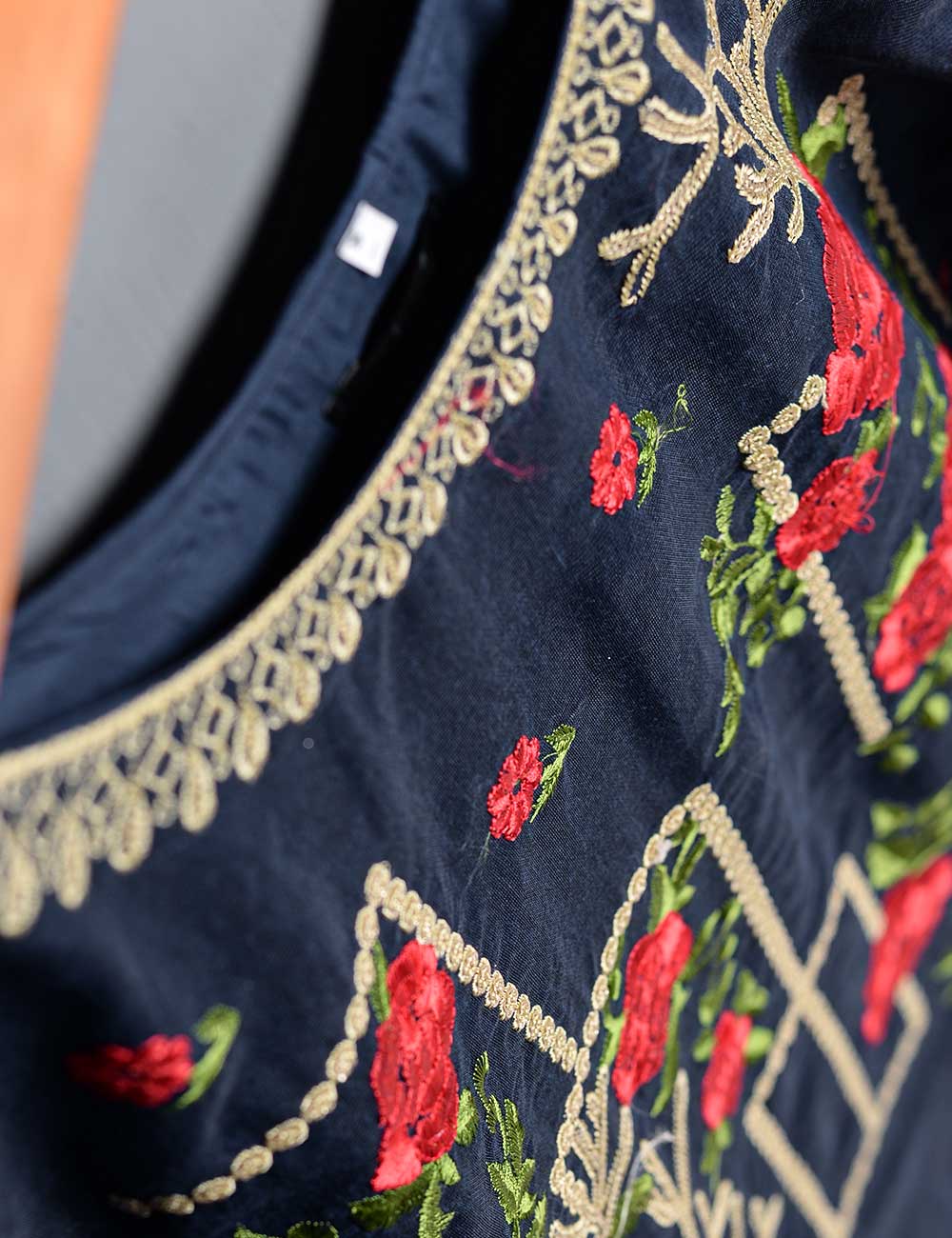 Khaddi Cotton Embroidered Kurti - Folksy bloom (TIE-05-Navy Blue)