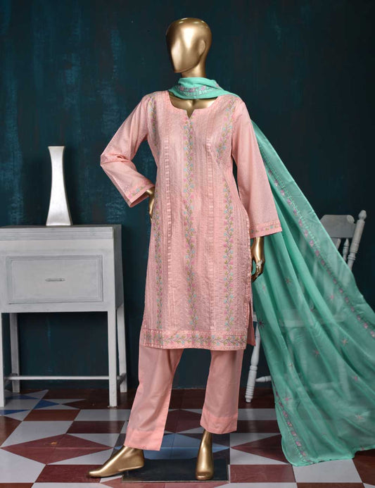 3 Pc Printed and Embroidered Cotton Dress with Embroidered Chiffon Dupatta - Frontline (CE-3A-Pink)