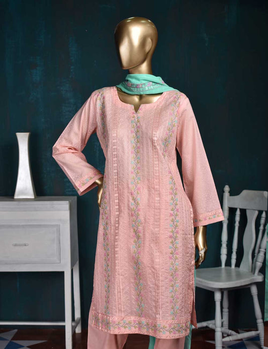 3 Pc Printed and Embroidered Cotton Dress with Embroidered Chiffon Dupatta - Frontline (CE-3A-Pink)