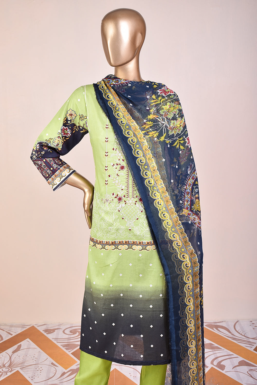 3 Pc Unstitched Embroidered Lawn Dress with Chiffon Printed Dupatta - Eccentric Ripples (JEL-03)