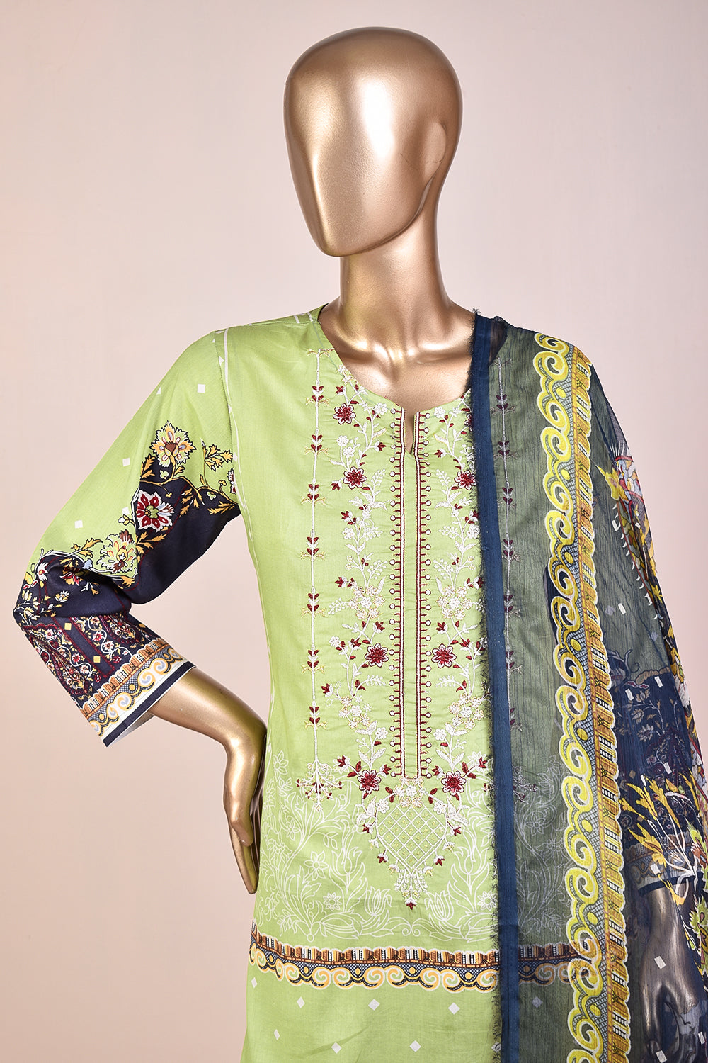 3 Pc Unstitched Embroidered Lawn Dress with Chiffon Printed Dupatta - Eccentric Ripples (JEL-03)