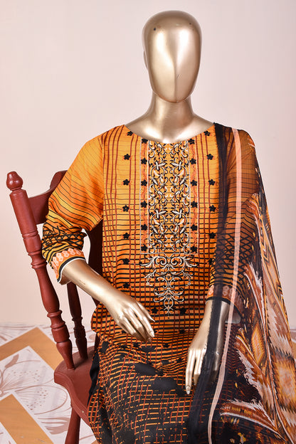 3 Pc Unstitched Embroidered Lawn Dress with Chiffon Printed Dupatta - Dark Shades (JEL-09)