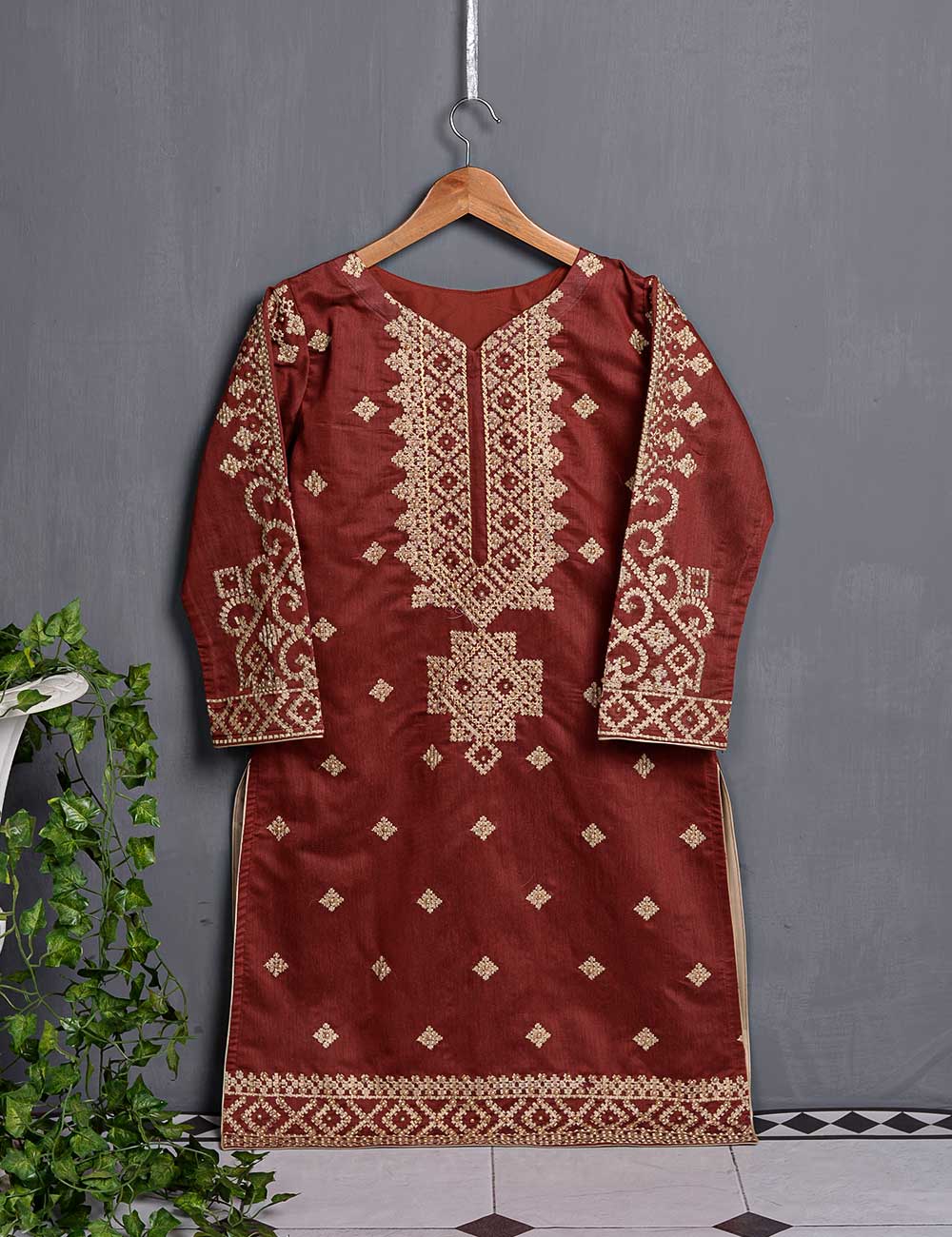 Khaddi Cotton Embroidered Kurti - Lunar Eclipse (TIE-04-Maroon)