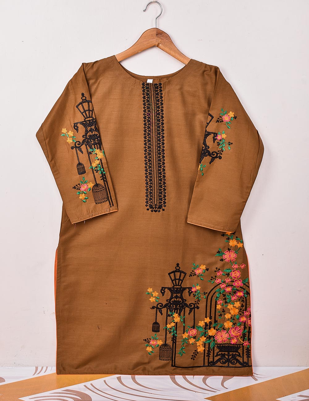 Cotton Embroidered Stitched Kurti - Majestic Cage (TS-021B-Brown)