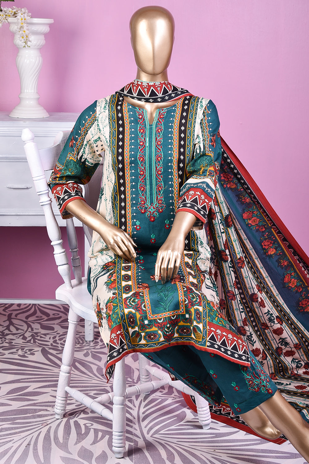 3 Pc Unstitched Embroidered Lawn Dress with Lawn Printed Dupatta & Embroidered Cotton Trouser - Minin (ZLE-2B)