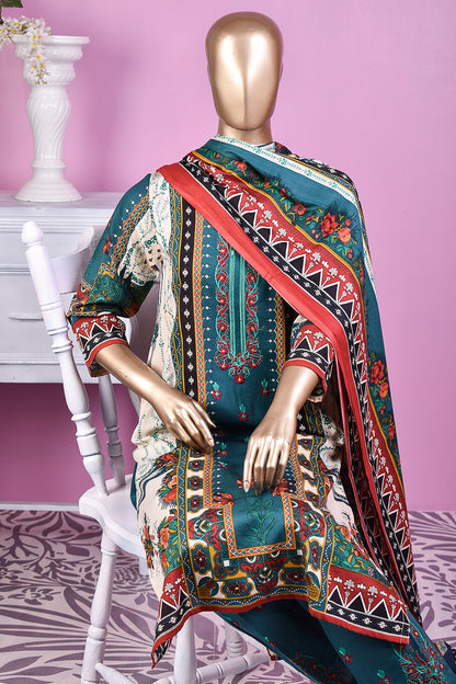 3 Pc Unstitched Embroidered Lawn Dress with Lawn Printed Dupatta & Embroidered Cotton Trouser - Minin (ZLE-2B)