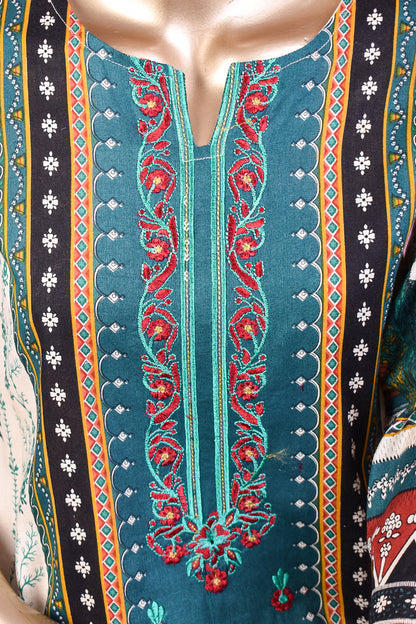 3 Pc Unstitched Embroidered Lawn Dress with Lawn Printed Dupatta & Embroidered Cotton Trouser - Minin (ZLE-2B)