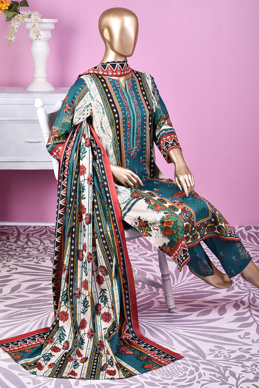 3 Pc Unstitched Embroidered Lawn Dress with Lawn Printed Dupatta & Embroidered Cotton Trouser - Minin (ZLE-2B)