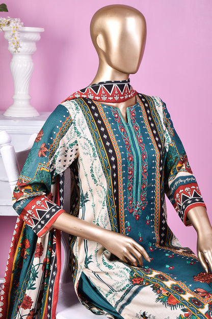 3 Pc Unstitched Embroidered Lawn Dress with Lawn Printed Dupatta & Embroidered Cotton Trouser - Minin (ZLE-2B)