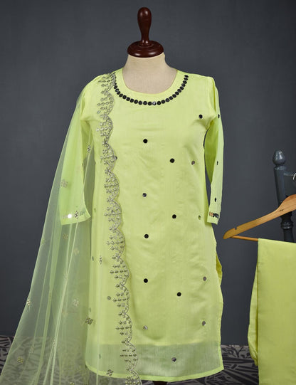 3 Pc Stitched Paper Cotton Suit with Net Embroidered Dupatta and Cotton Mirror Bottom Trouser - Mirror Glow (RTW-11-Lemon)