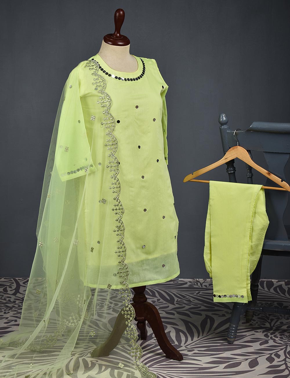 3 Pc Stitched Paper Cotton Suit with Net Embroidered Dupatta and Cotton Mirror Bottom Trouser - Mirror Glow (RTW-11-Lemon)