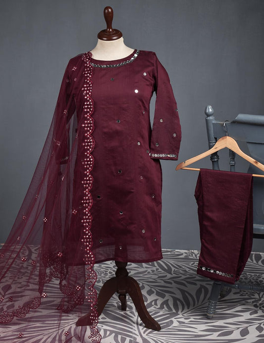 3 Pc Stitched Paper Cotton Suit with Net Embroidered Dupatta and Cotton Mirror Bottom Trouser - Mirror Glow (RTW-12-Maroon)