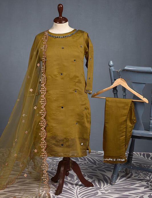 3 Pc Stitched Paper Cotton Suit with Net Embroidered Dupatta and Cotton Mirror Bottom Trouser - Mirror Glow (RTW-13-Mustard)