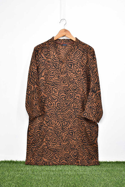 SP-06 - Nut Brown - Summer Linen Printed Stitched Kurti